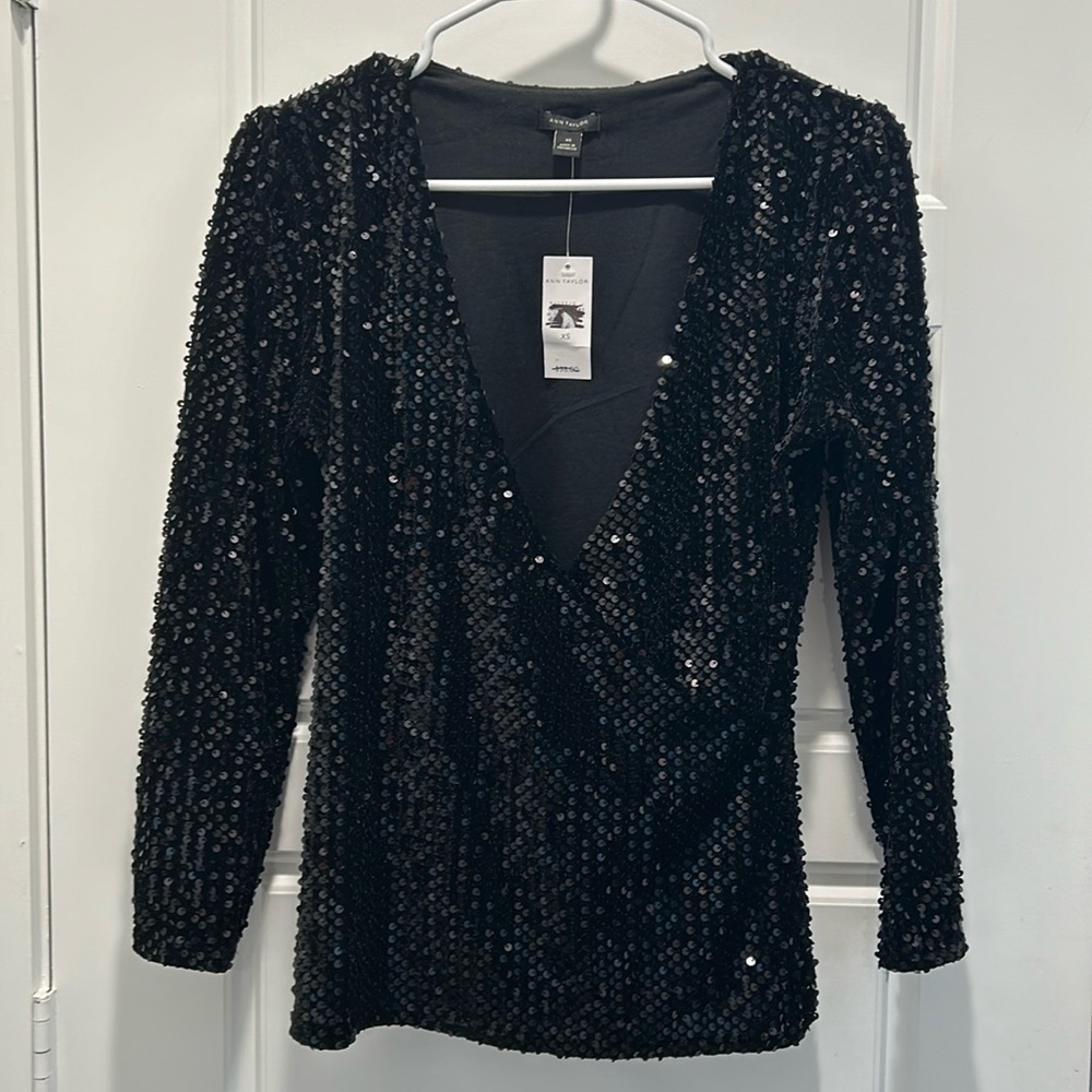Ann Taylor Black Sequin Top NWT